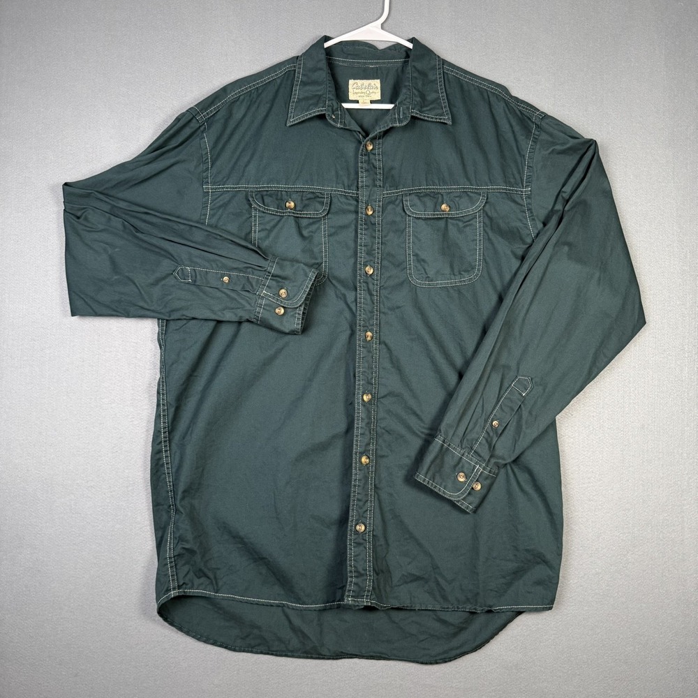 Cabelas Mens Large Tall Green Long Sleeve Button Up Outdoor Work Shirt Cotton